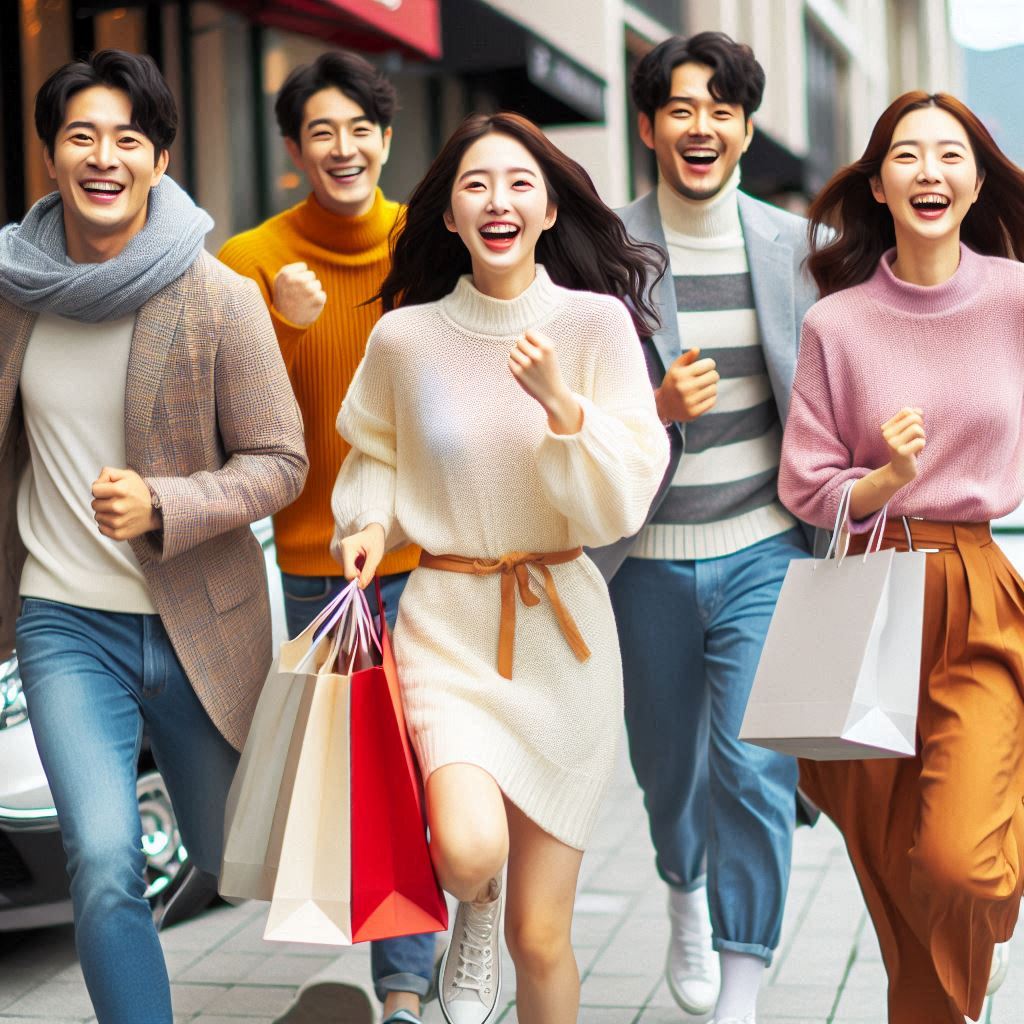 un grupo de coreanos de compra, muy felices. Sonrientes