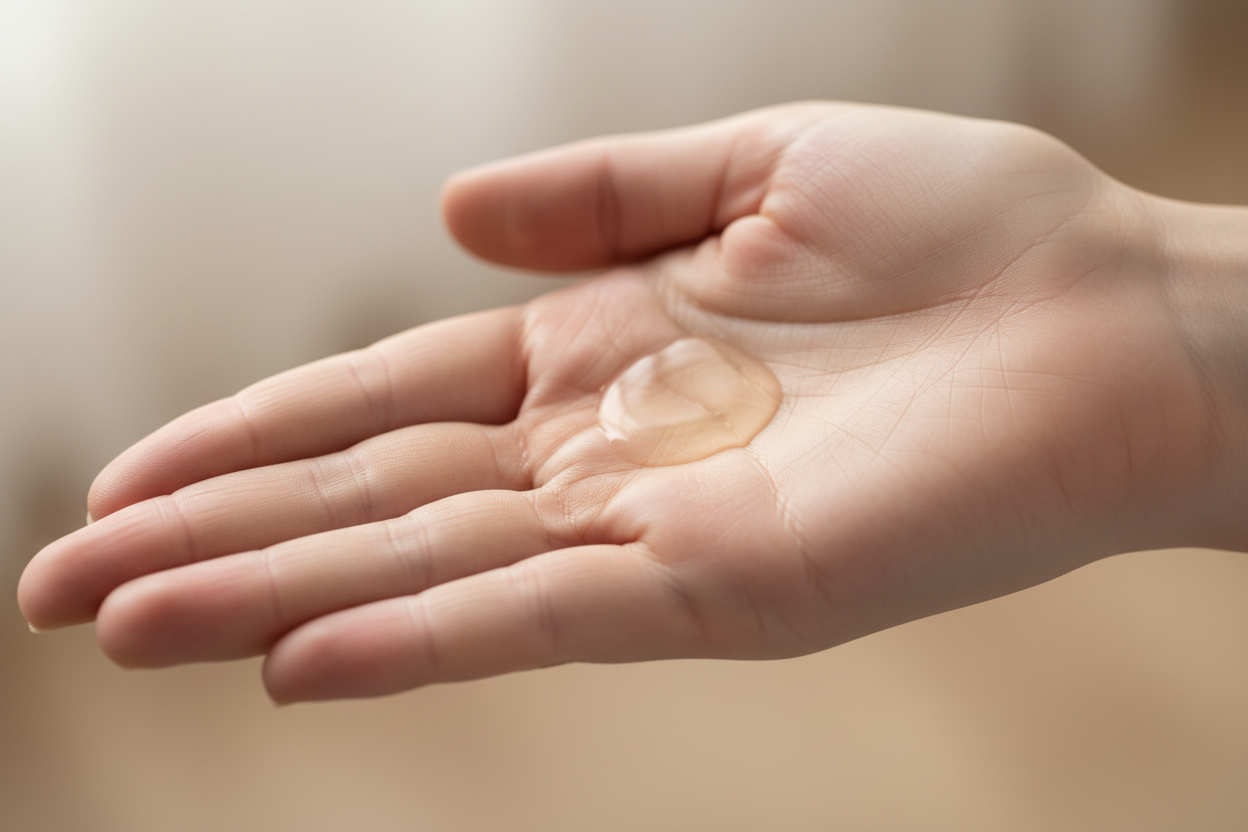 detalle de una pequeña cantidad de aceite transparente sobre la palma de la mano de una mujer joven