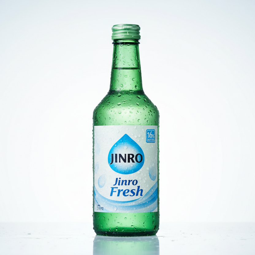 una botella verde de soju Fresh, marca Jinro, fría, recién salida de la nevera.   menos que el soju clásico. 