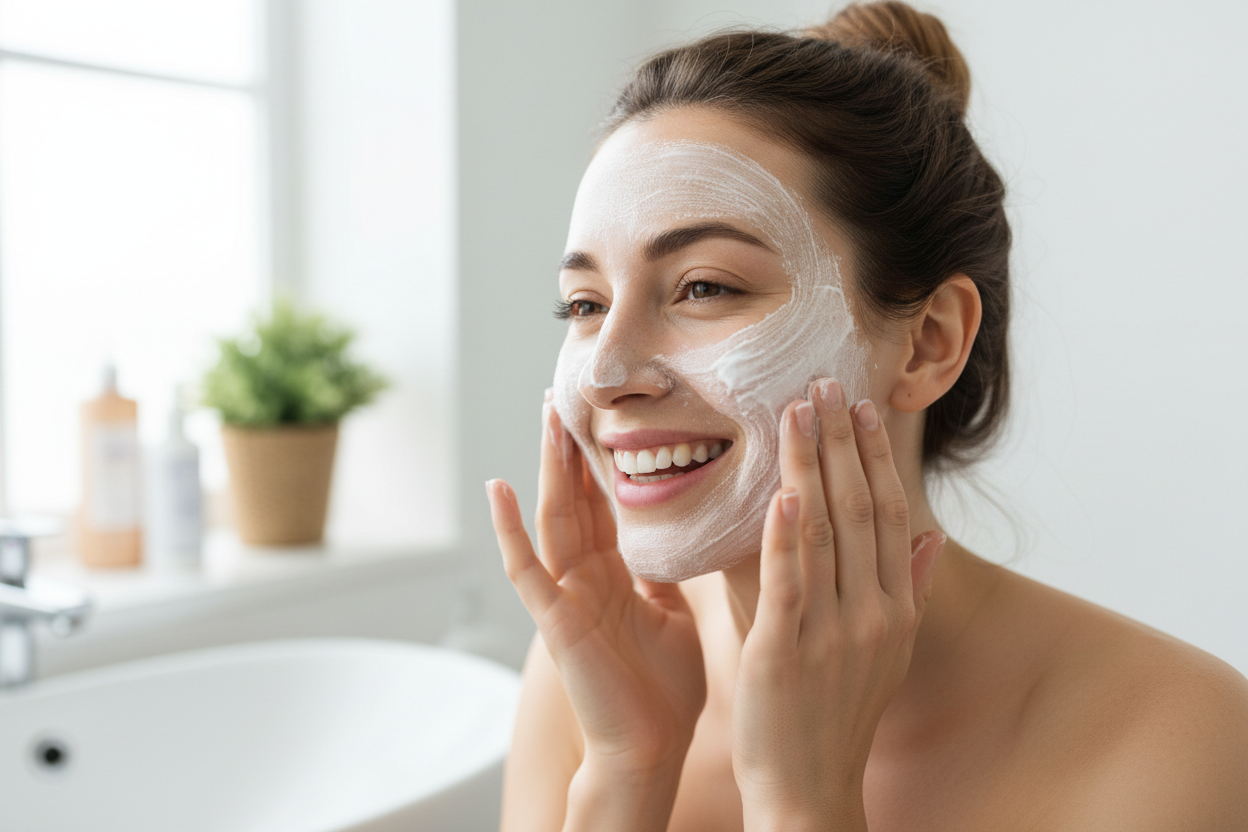 una chica joven y alegre se aplica en la cara un exfoliante blanquecino. Le vemos el rostro sano de mujer de treinta y pocos años
