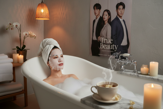 una mujer disfruta de un baño de espuma mientras lleva una mascarilla de tela en la cara, a su lado hay un té humeante, y al fondo se ve un poster del kdrama True Beauty 