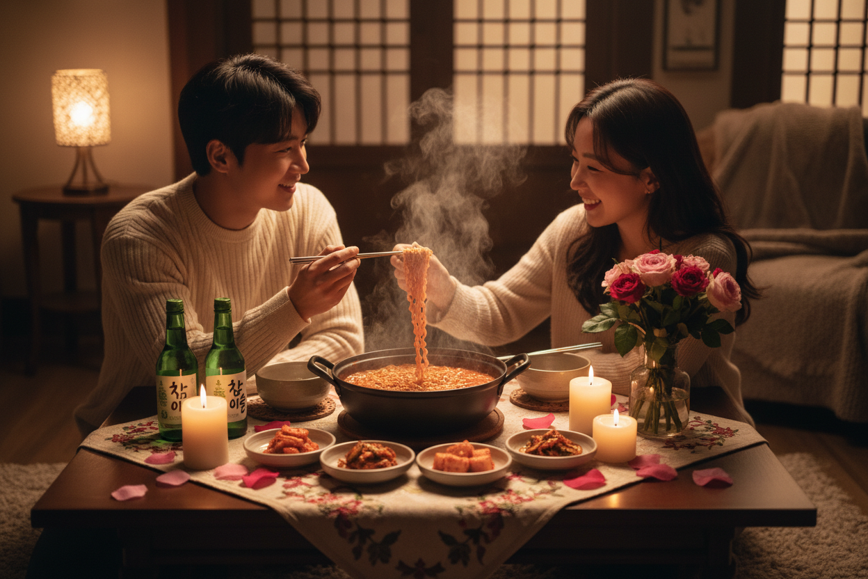 Una pareja celebra cena romántica con pack para san valentin con ramyeon coreano, soju y kimchi encurtido, todo muy en tono Kdrama